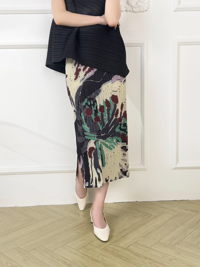 日系三宅pp系列褶皱冰霜森林印花kk褶半身裙气质高贵一步裙