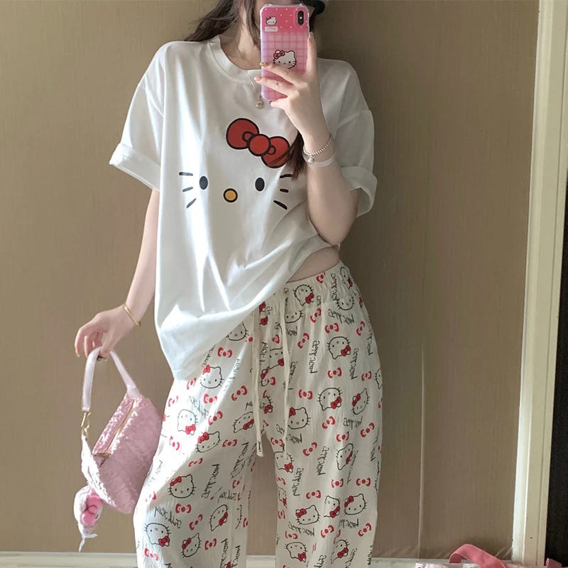 日系ins风睡衣少女款夏季短袖长裤hellokitty圆领家居服套装夏天