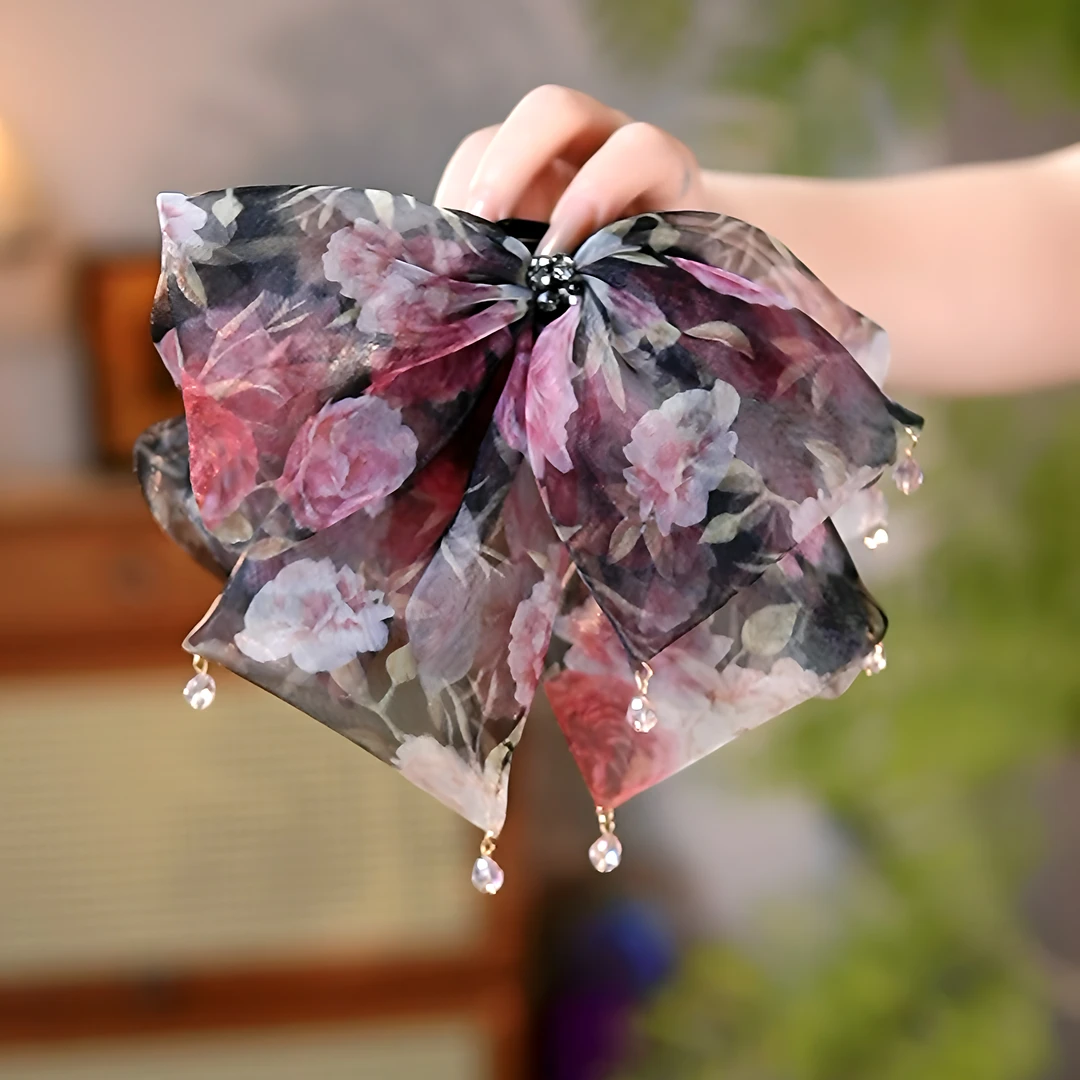 （水墨花田）复古风雪纺印花马尾夹清新甜美盘发花朵抓夹女头饰发夹