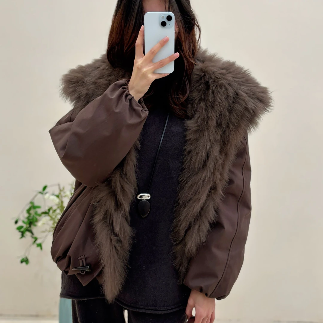 VANCY COUTURE狐狸毛领女款鹅绒服短款时尚拼接冬季韩版大毛领