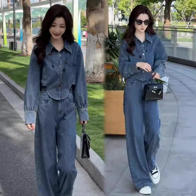 时尚牛仔套装女2025早秋新款时髦洋气设计感长袖衬衫阔腿裤两件套