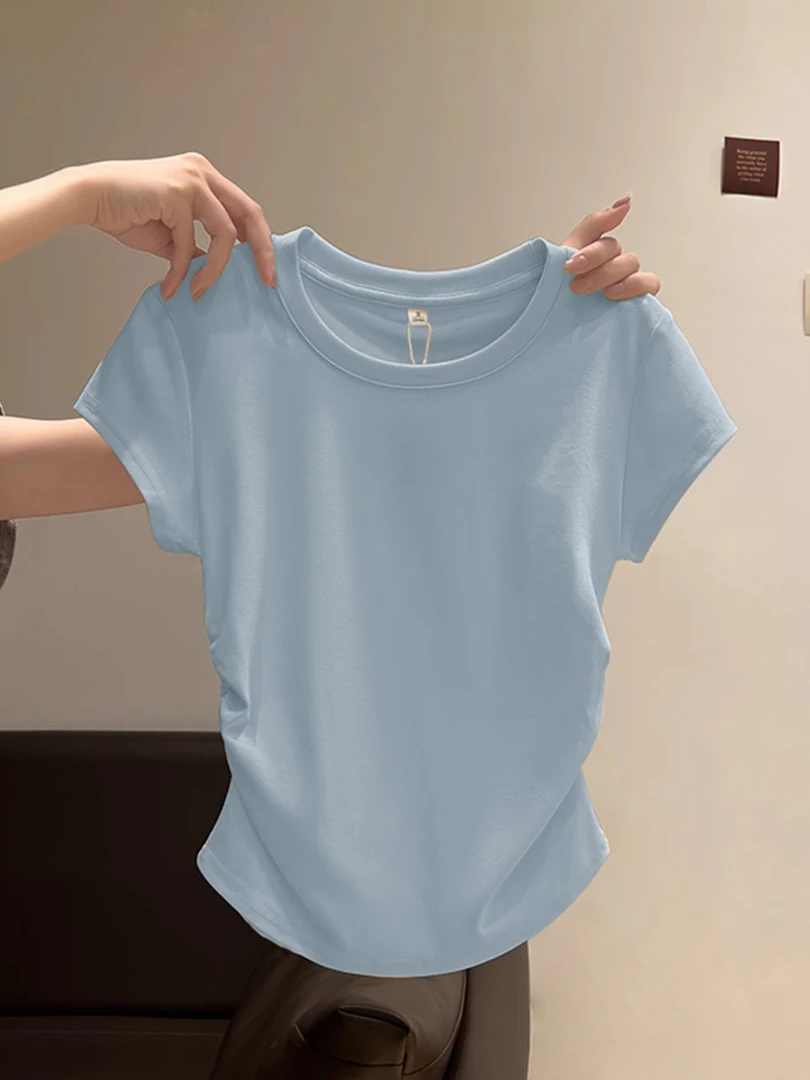 纯欲风短袖褶皱奶蓝显瘦女士T恤百搭t恤短款时尚修身圆领纯打底