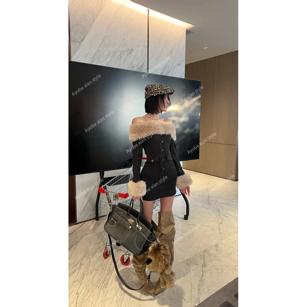 【AYOBE】小贤   财阀千金设计感毛领拼接针织裙