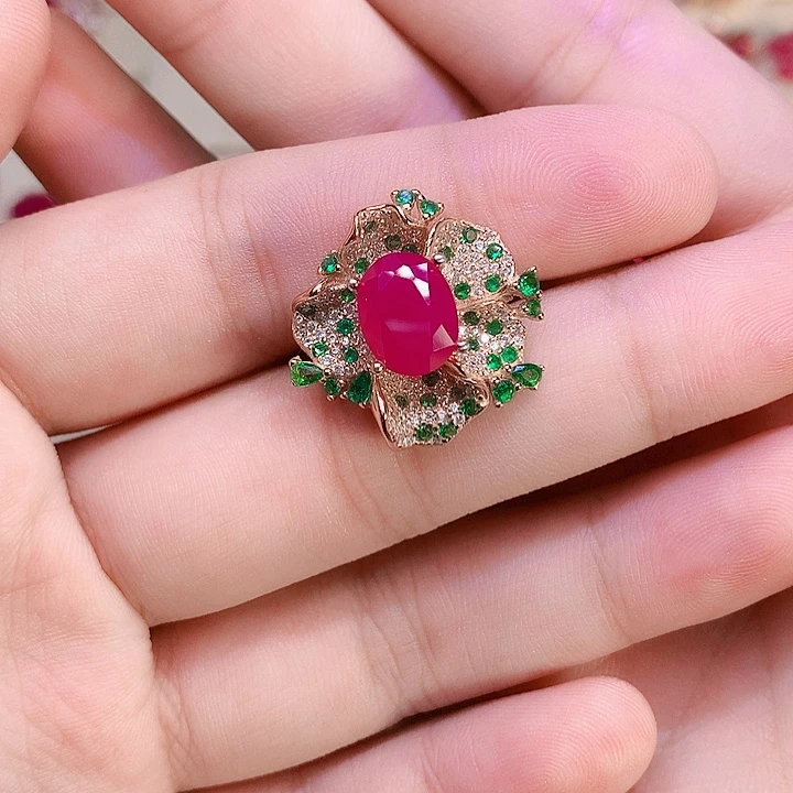 善***美红宝石戒指银S925镶嵌