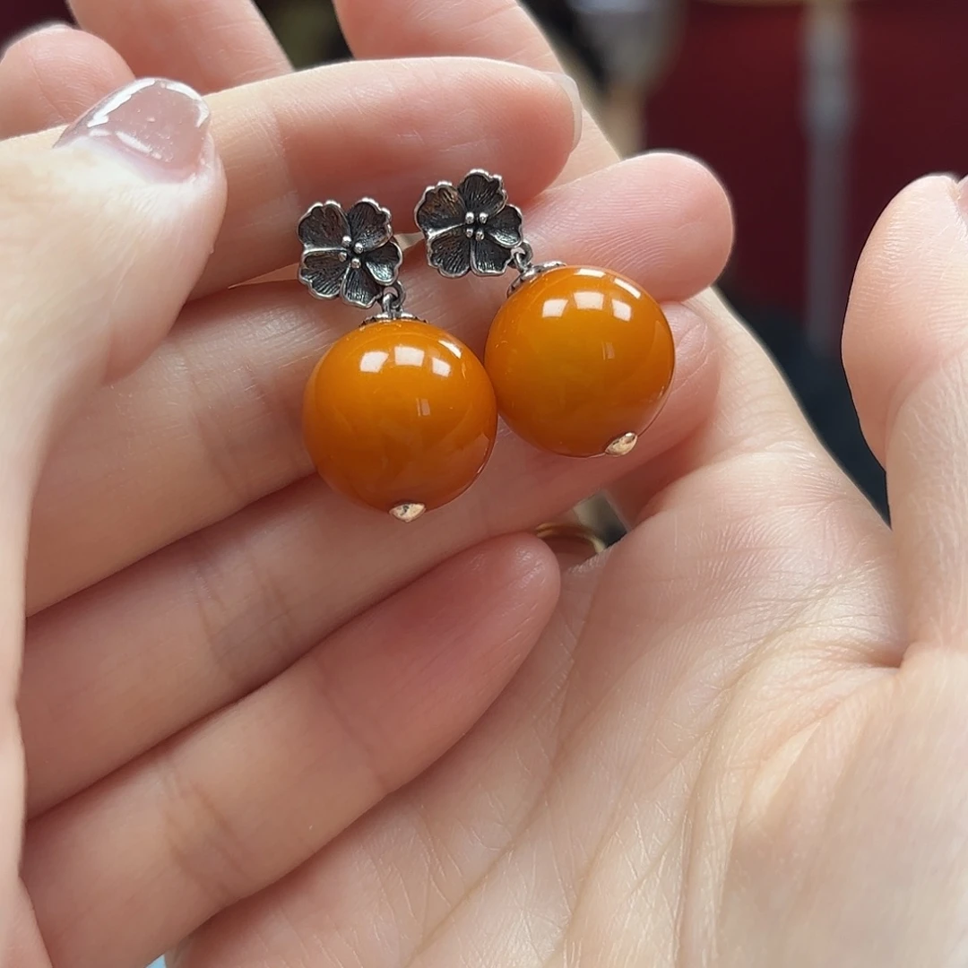 银S925镶嵌蜜蜡裸石16耳钉