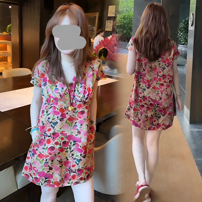 新中式国风潮流宽松V领印花衬衣女2026年夏季新款休闲风开叉上衣