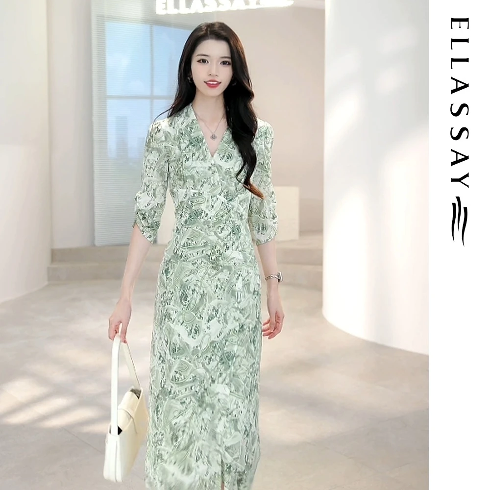 ELLASSAY歌力思2025春夏新款桑蚕丝V领收腰连衣裙EWD365Y238DX