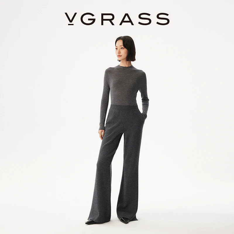 VGRASS针织感绵羊毛休闲裤25冬季新款舒适弹力腰微喇裤VZK4Q4271C