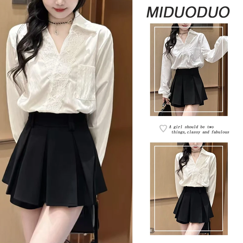 2025春季穿搭一整套女新款韩版通勤蕾丝边衬衫简约修身短裙两件套