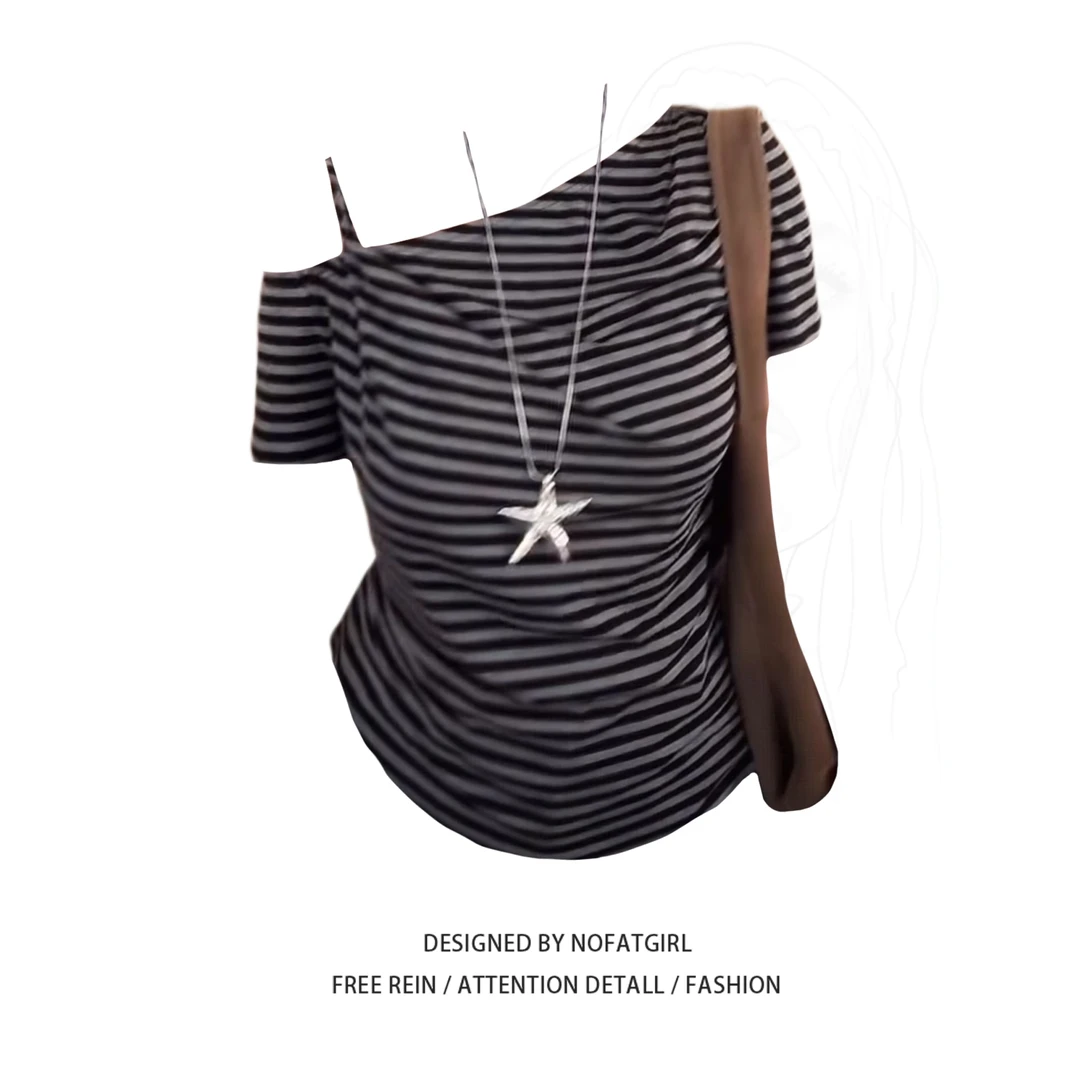 大码胖MM韩系复古条纹露肩短袖T恤女夏季设计感修身显瘦辣妹上衣