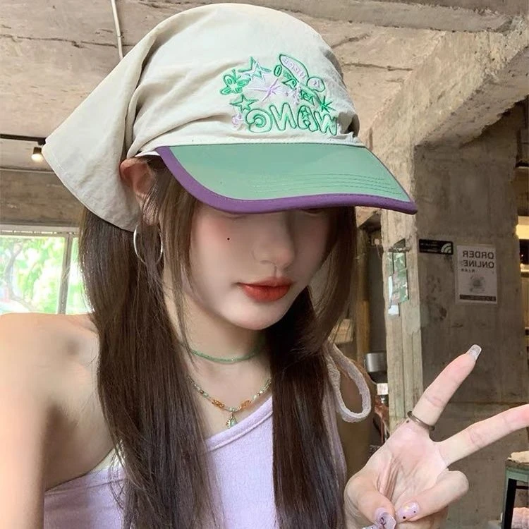 小众拼色速干头巾帽子女夏季趣味刺绣户外街头露营遮阳包头棒球帽