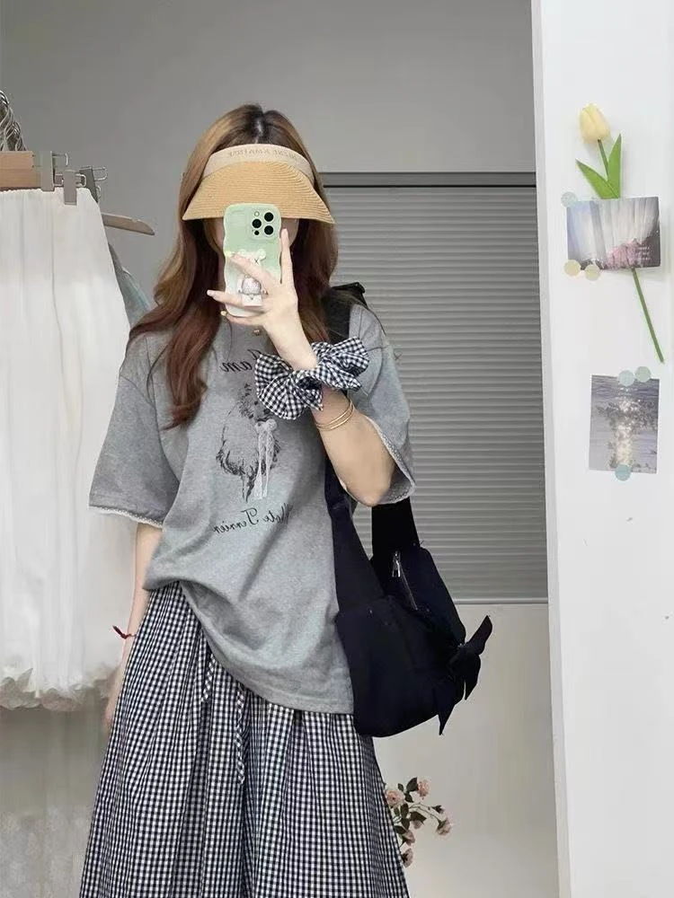 2025小个子新款韩版百搭带发圈短袖T恤裙裤三件套宽松显瘦松弛