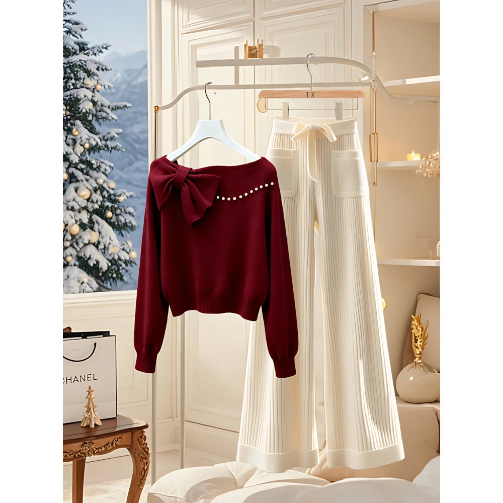 秋冬新年气质高端红色蝴蝶结内搭针织衫毛衣女慵懒风休闲裤两件套