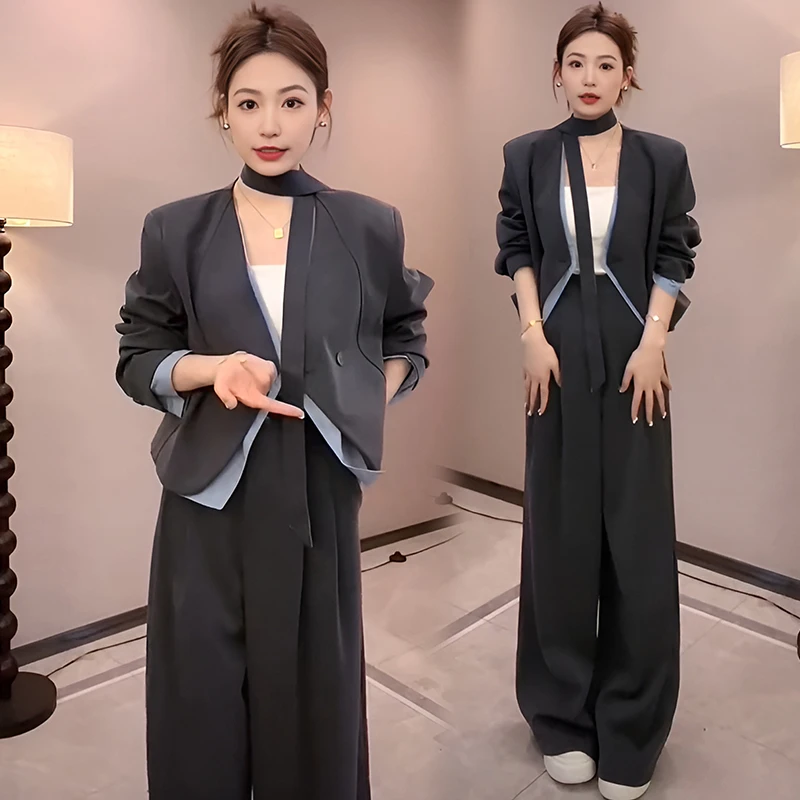 飘带拼接灰色西装套装女春秋两件套流行超火阔腿裤两件套高级感