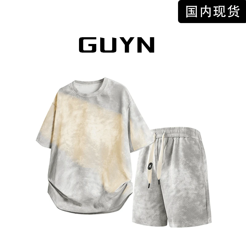 【品牌现货】GUYN夏季高级感脏脏色痞帅短袖套装男夏季新款潮流上衣