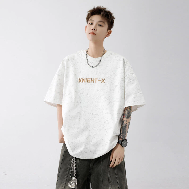 扎染刺绣短袖t恤男夏季潮流美式高街圆领衣服宽松潮牌青少年半袖