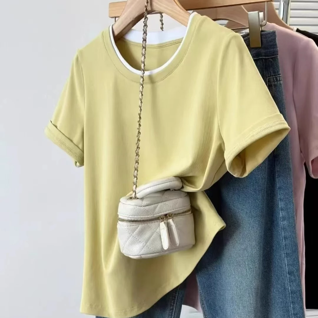 【8583】大码女装胖mm宽松遮肚显瘦短袖t恤复古撞色圆领上衣夏季
