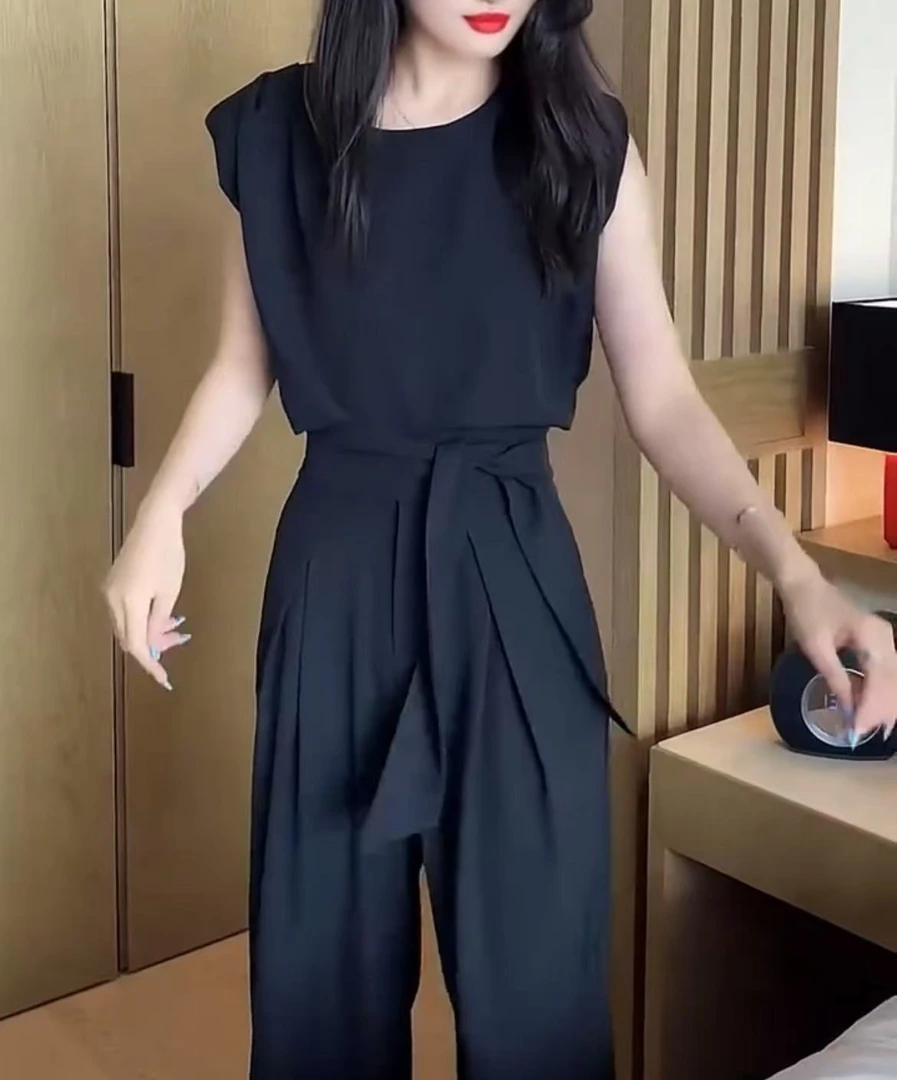 时尚套装女宽松设计感气质收腰显瘦绑带无袖上衣长裤两件套