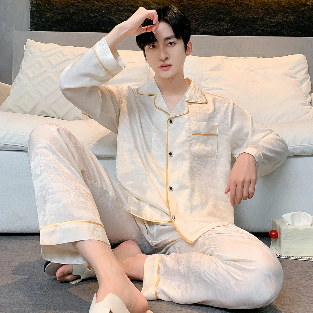 春夏缎面冰丝可外穿薄款家居服男士套装长袖丝质高级感宽松睡衣
