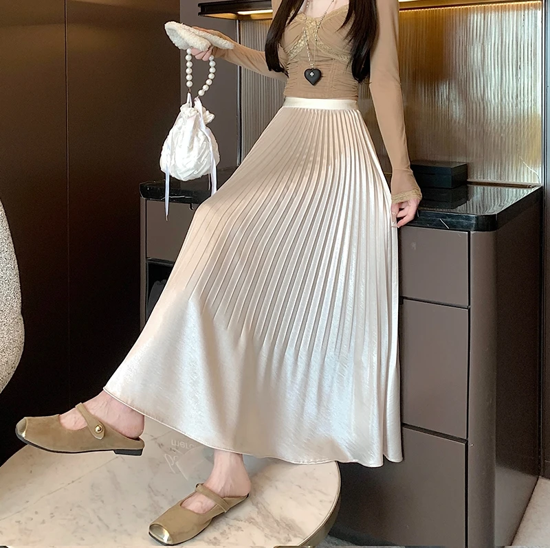 醋酸缎面百褶半身裙女夏季新款高腰大摆压褶百搭垂感仙女长裙