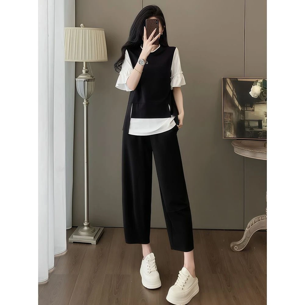 高含棉休闲时尚套装女夏季新款2025年新款减龄短袖裤子假两件套潮