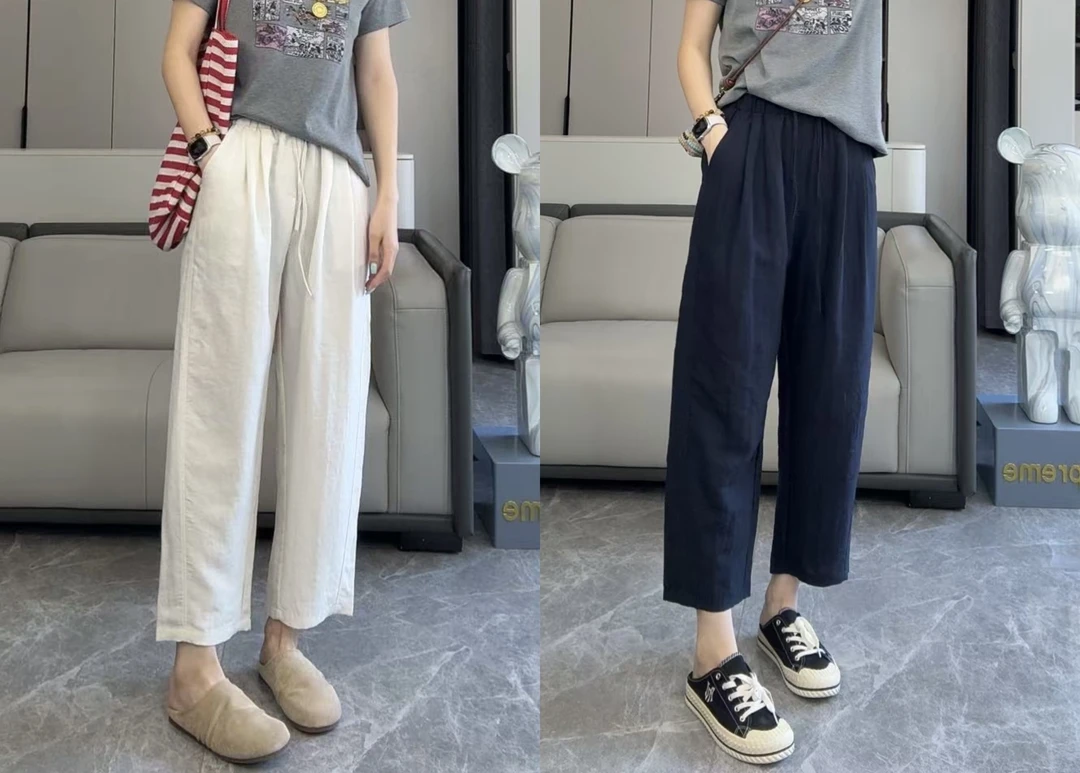 现货莱赛尔亚麻裤女宽松直筒休闲小个子显瘦九分阔腿裤JJ