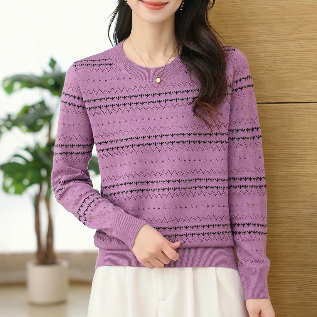 秋季新款女衫毛衣经典条纹百搭显瘦宽松休闲简约洋气长袖圆领上衣