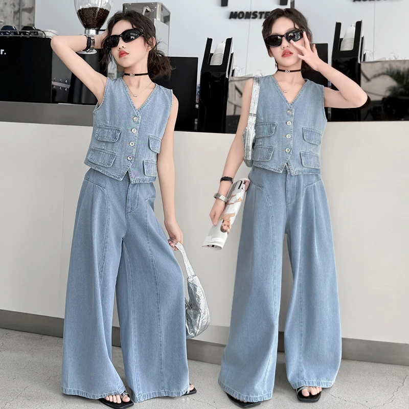 女童套装2025夏季新款洋气时髦儿童夏天薄款无袖马甲牛仔两件套潮