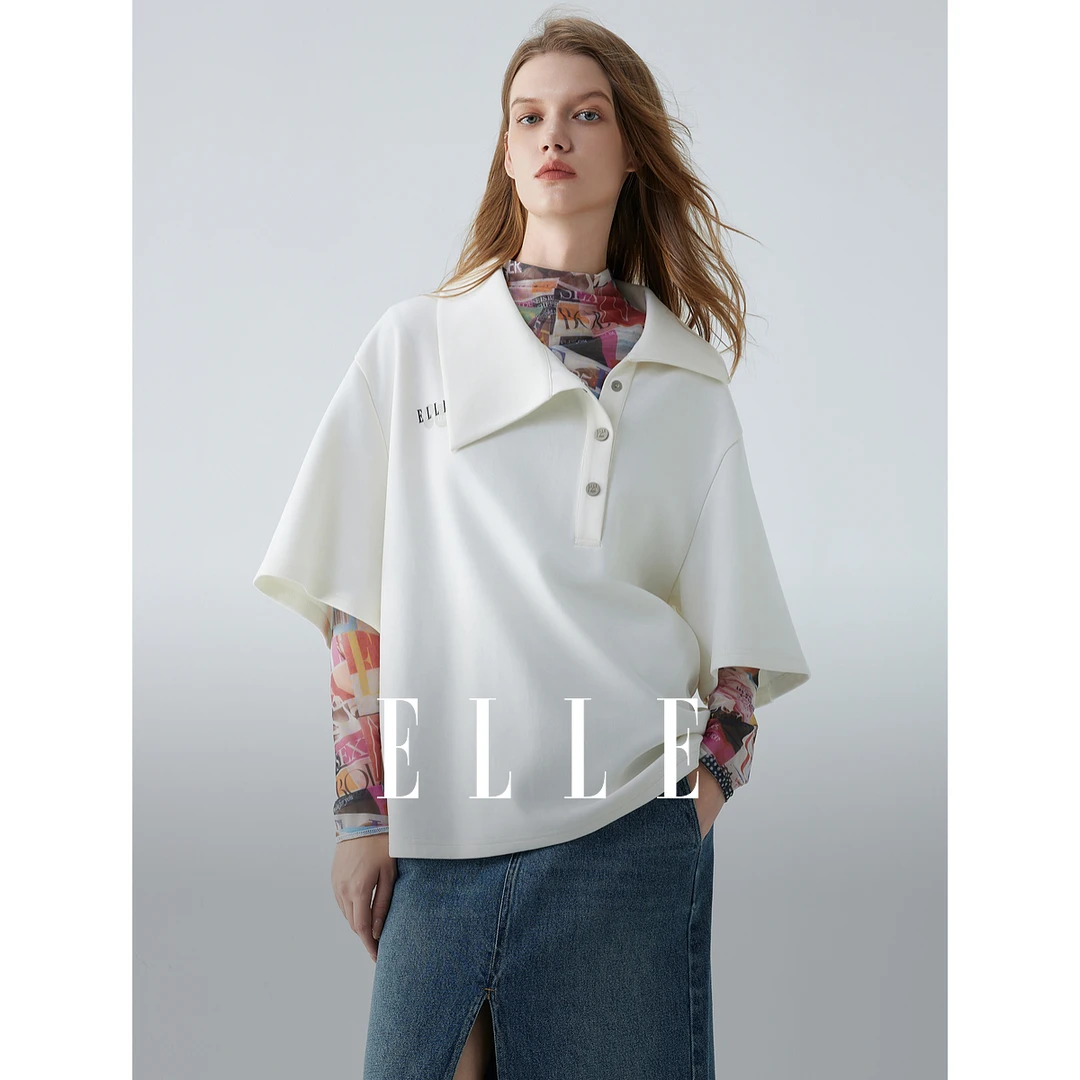 ELLE女装不对称翻领卫衣穿搭2025秋季法式宽松休闲风短袖EW51814