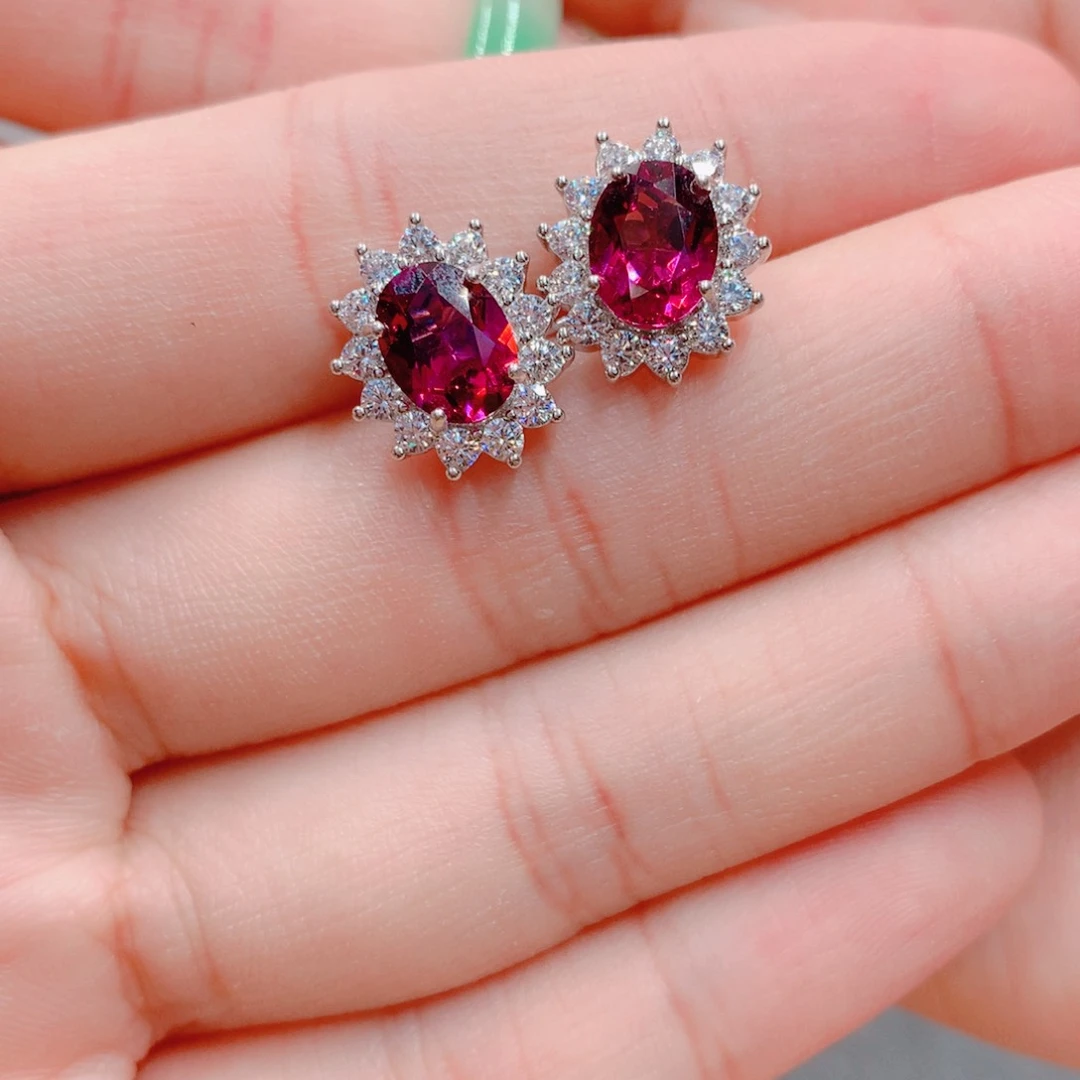 石榴石耳钉银S925镶嵌