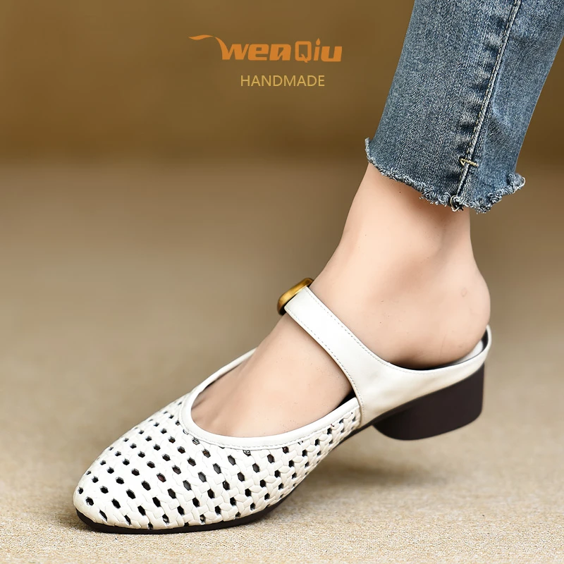 牛皮浅口机能风舒适包头平底中跟胶粘粗跟镂空穆勒鞋高跟时尚百搭