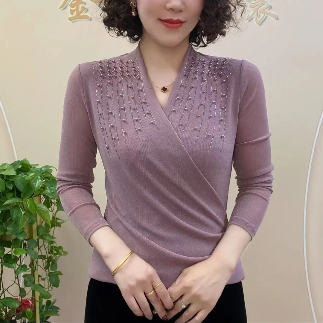 春季新款V领打底衫时尚交叉领弹力网纱显瘦气质优雅减龄烫钻小衫