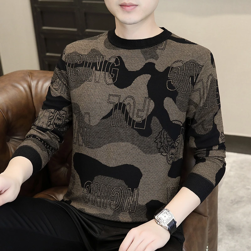 时尚撞色款男士秋冬季欧货迷彩风针织圆领百搭款毛衣