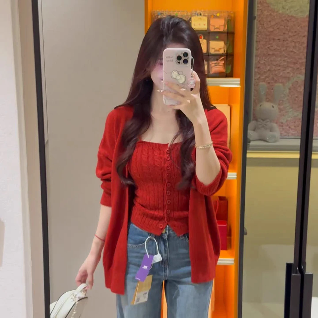 针织慵懒风夏季毛针织衫收腰开衫红色常规款纯欲风