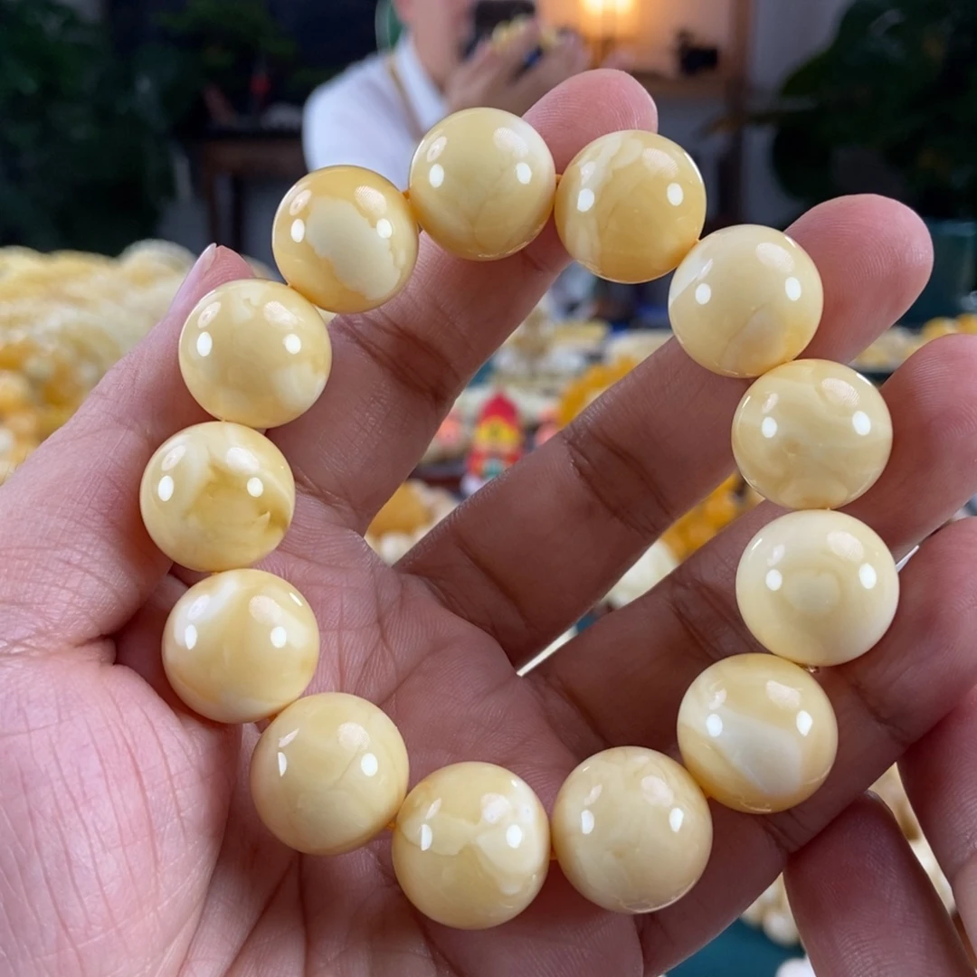 琥珀未镶嵌珠宝奇石17浓白花蜡手串39.31