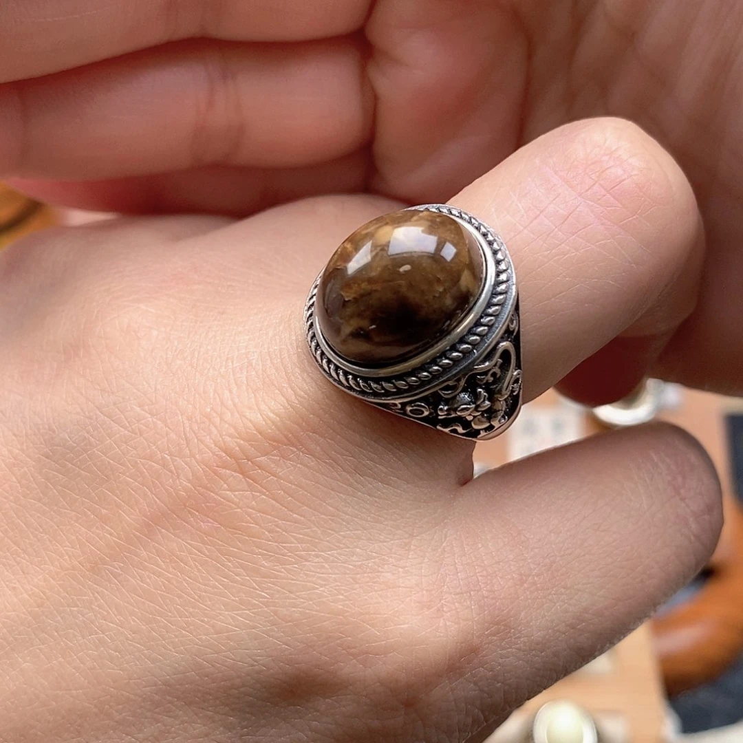 琥珀银S925镶嵌戒指琥珀