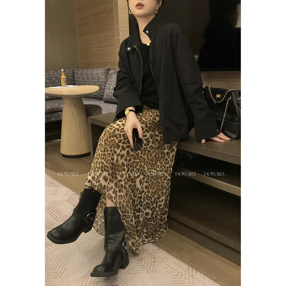 现货大婉酱微胖定制【野性美】设计感豹纹半裙秋高腰垂感长裙2572D