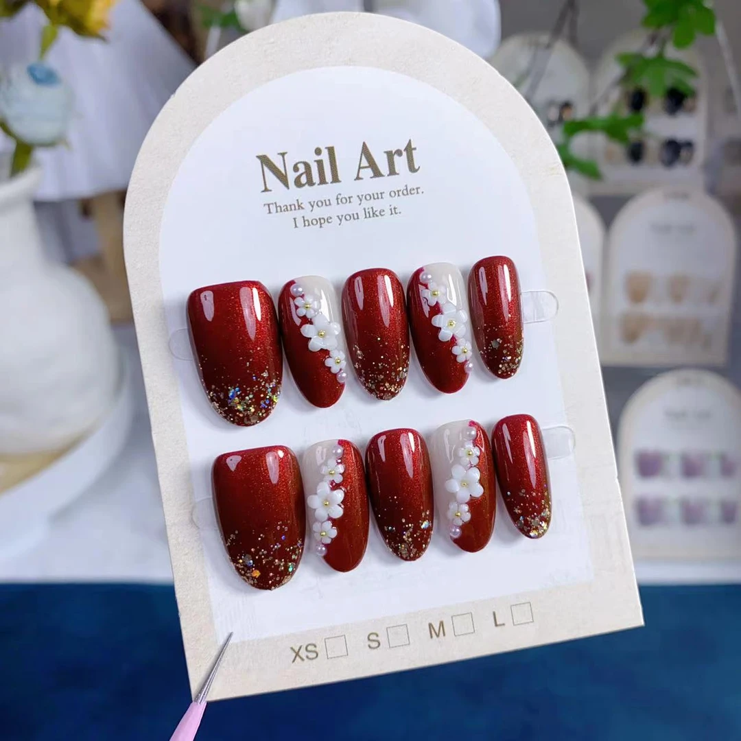 【798 红颜】新年红色战甲亮闪花朵纯手工穿戴甲成品高级显白新娘