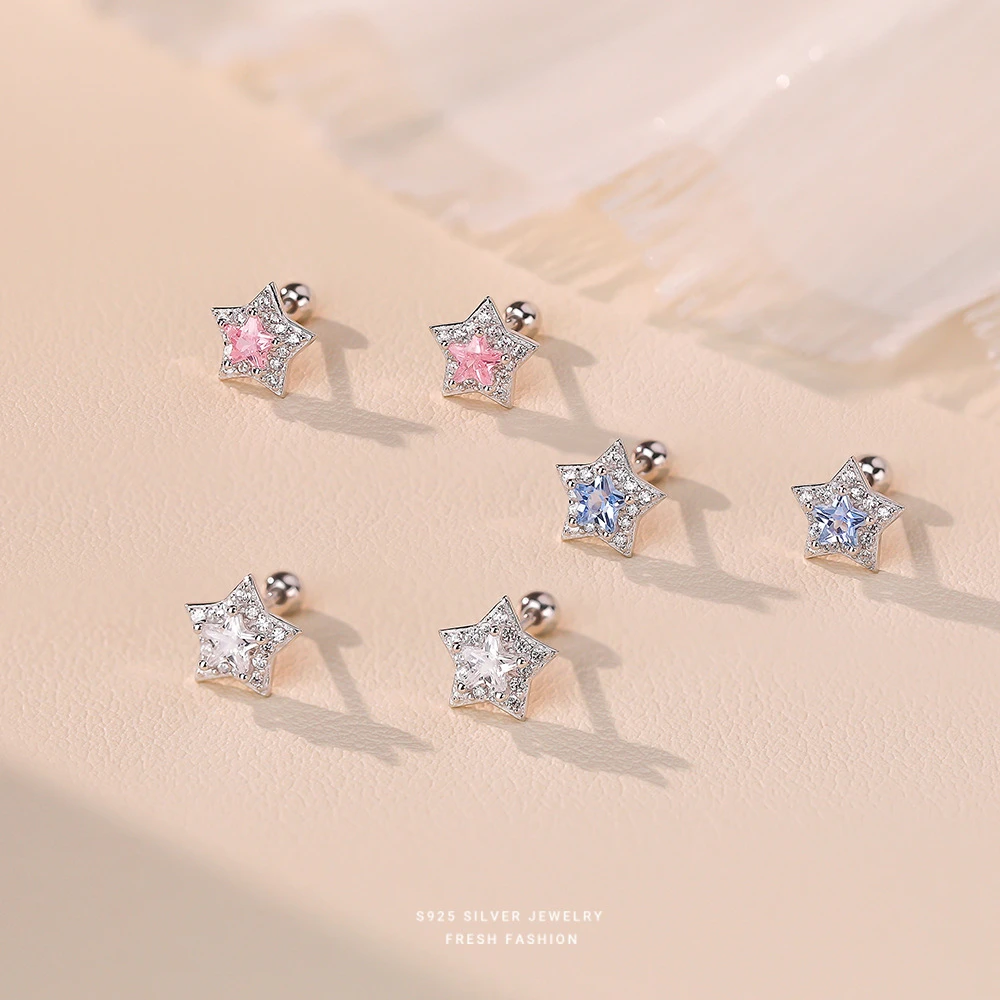 锆石星星耳钉女s925纯银轻奢简约甜美拧螺丝星形耳饰韩版百搭代发