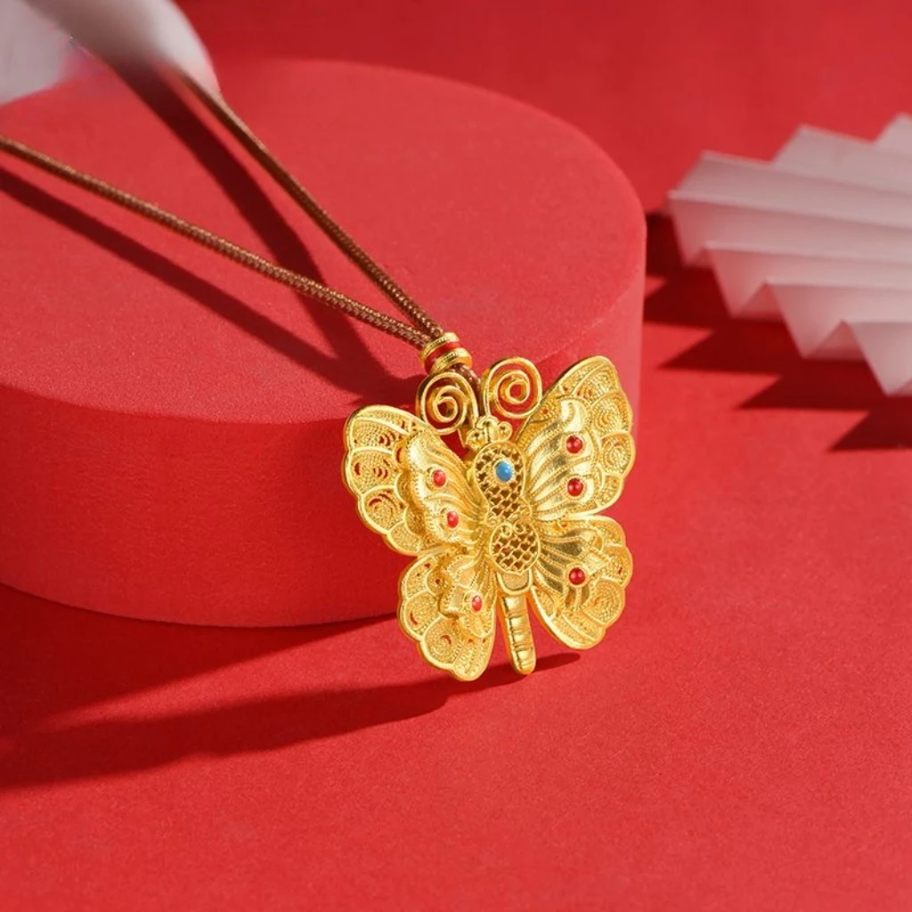 吊坠足银 足银990重工电镀黄金蝴蝶项链百搭饰品首饰配饰时尚挂坠