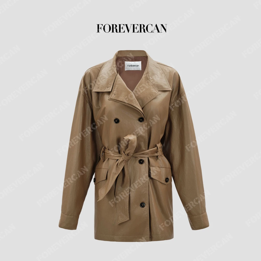 FOREVERCAN“纸皮风衣”翻领双排扣短款风衣长袖外套WC57390
