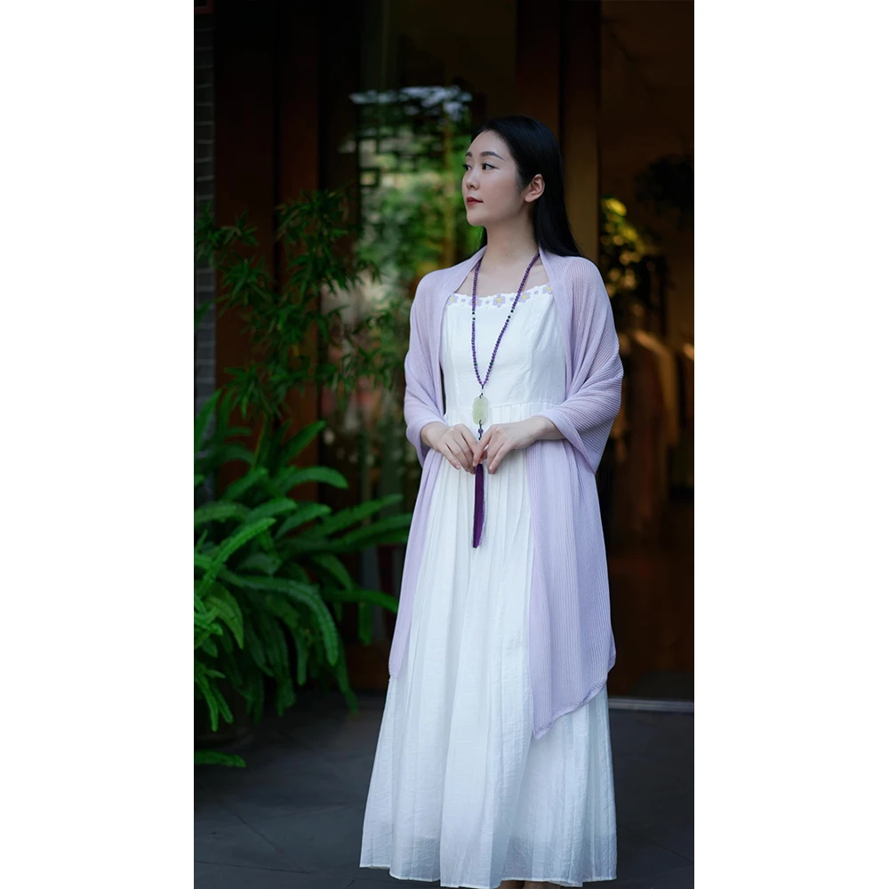 【花铃落】夏季新中式白色领口花朵日常气质显瘦长款吊带裙