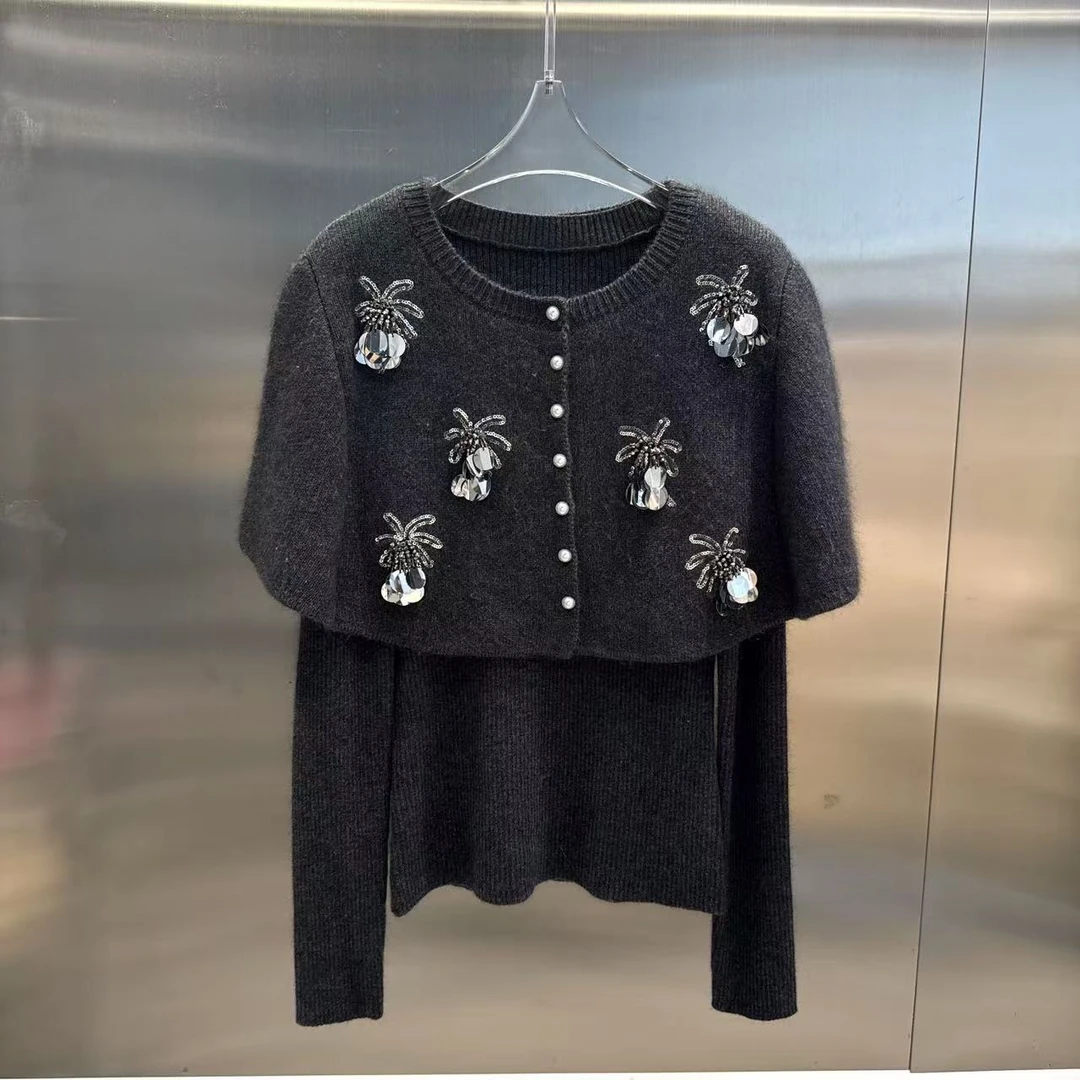 【BG原创轻奢】氛围感亮片花朵珍珠扣披肩斗篷+针织衫两件套上衣