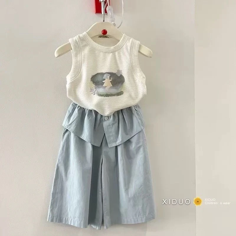 2025韩版童装设计感直筒裤女童洋气小众无袖背心拼接屁帘阔腿裤子