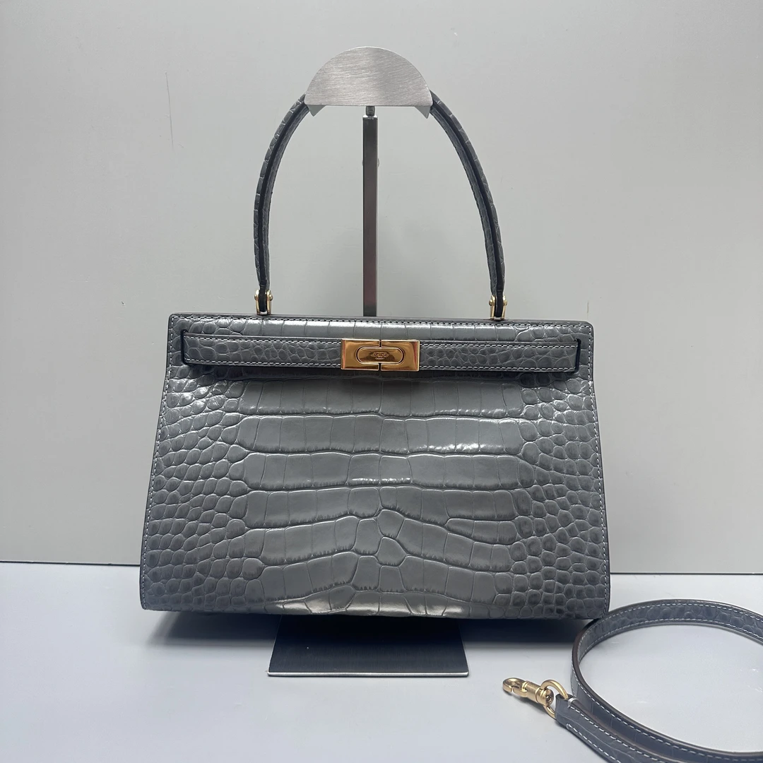 95新 TORY BURCH/汤丽柏琦 lee灰色压纹手提单肩包29x20x6M092404