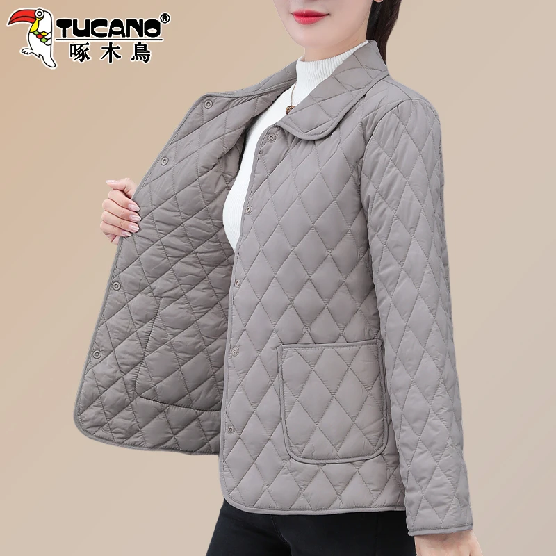 啄木鸟女士轻薄棉衣女秋冬2025新款时尚妈妈翻领棉袄菱格棉服外套