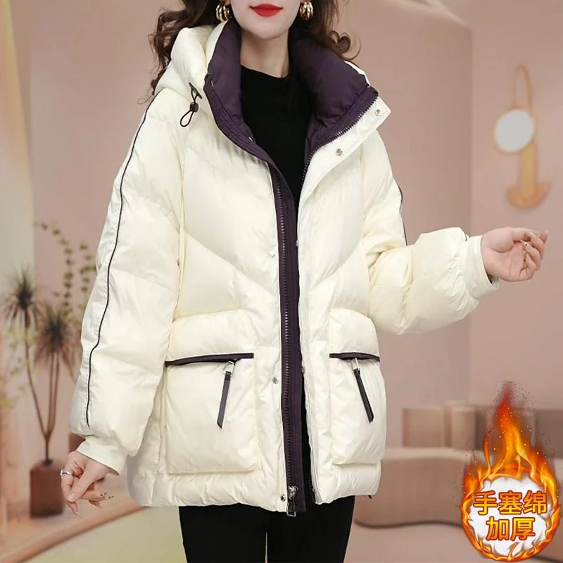 韩版洋气显瘦保暖棉服女士2025年冬季新款时尚设计感拼色连帽外套