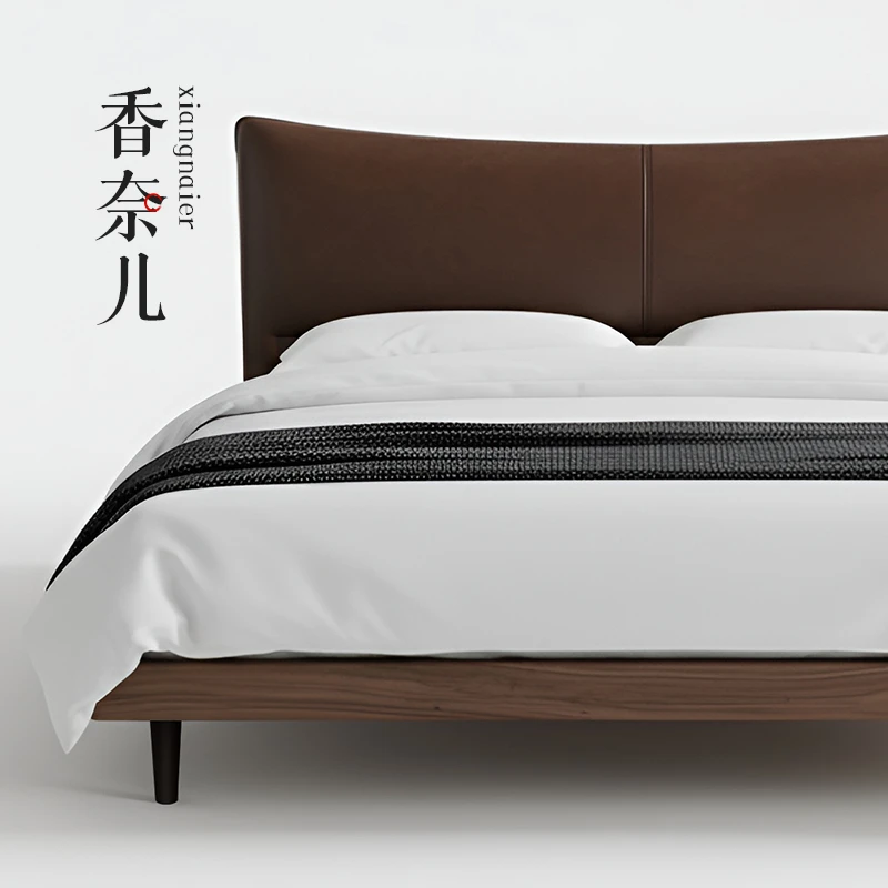 稥奈儿丨全青皮真皮床胡桃木实木双人床1.8米x2米主卧网红悬浮床