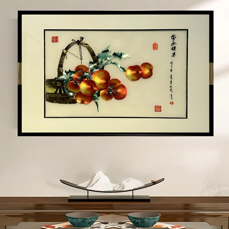 新中式中式现代简约风格餐厅餐桌过道刺绣挂画