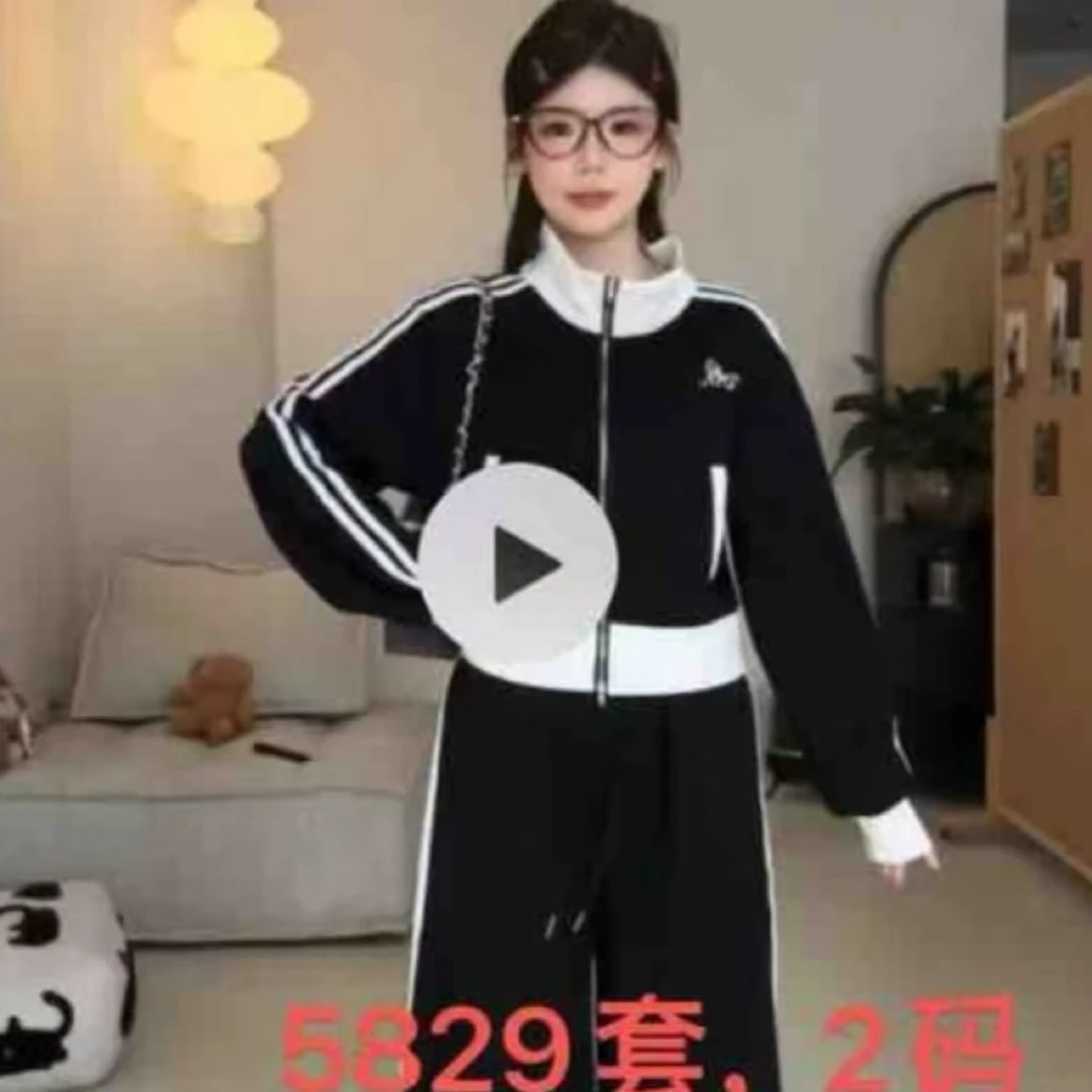 5830【胖小肉推荐】新款撞色拉链套装